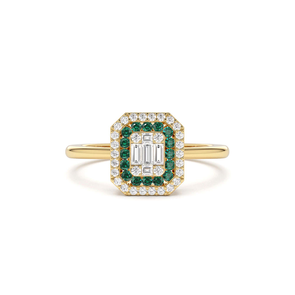 Baguette and Round Emerald Ring with Halo Setting in 14K Gold — view 1