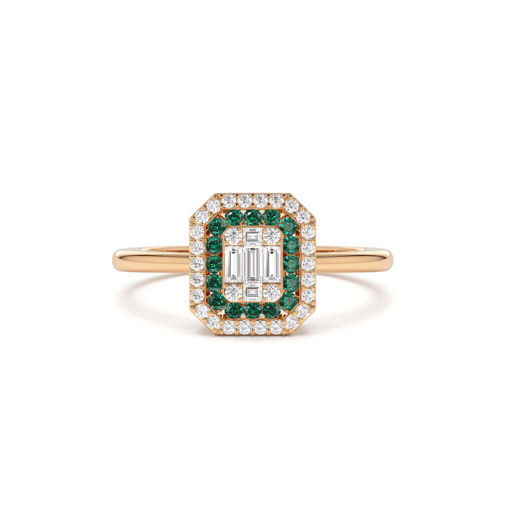 Baguette and Round Emerald Ring with Halo Setting in 14K Gold — view 5