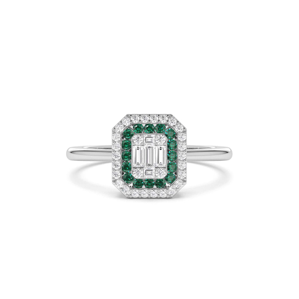 Baguette and Round Emerald Ring with Halo Setting in 14K Gold — view 4