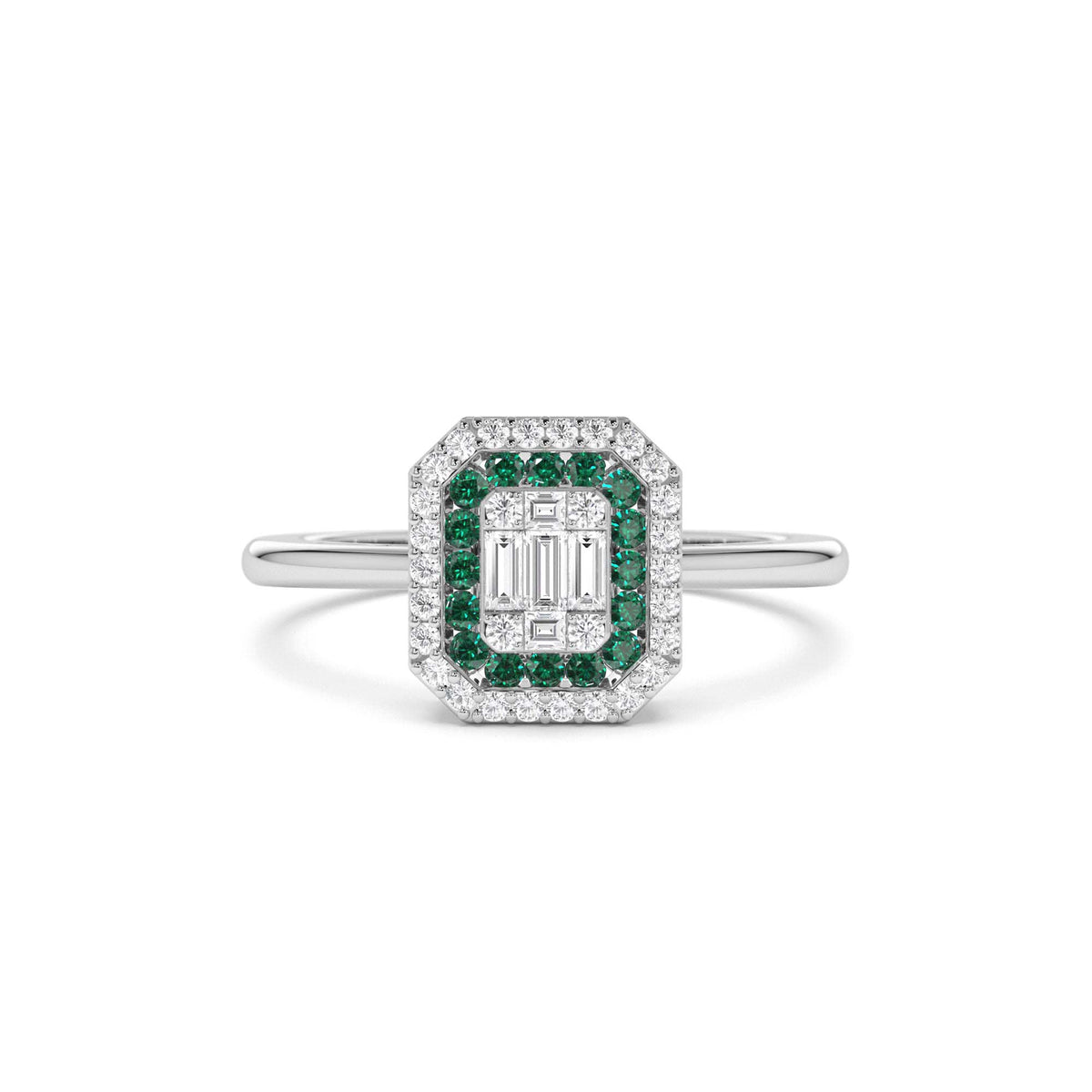 Baguette and Round Emerald Ring with Halo Setting in 14K Gold — view 4