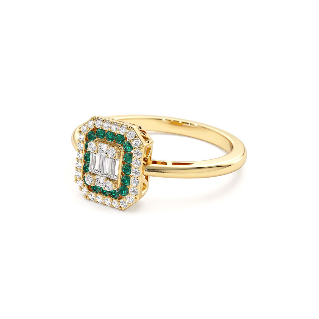 Baguette and Round Emerald Ring with Halo Setting in 14K Gold — view 2