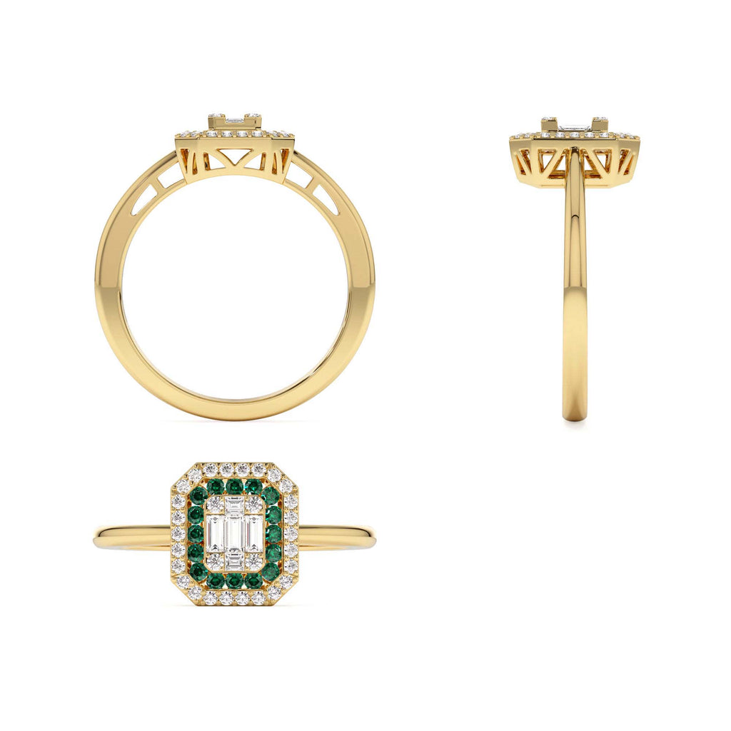 Baguette and Round Emerald Ring with Halo Setting in 14K Gold — view 3