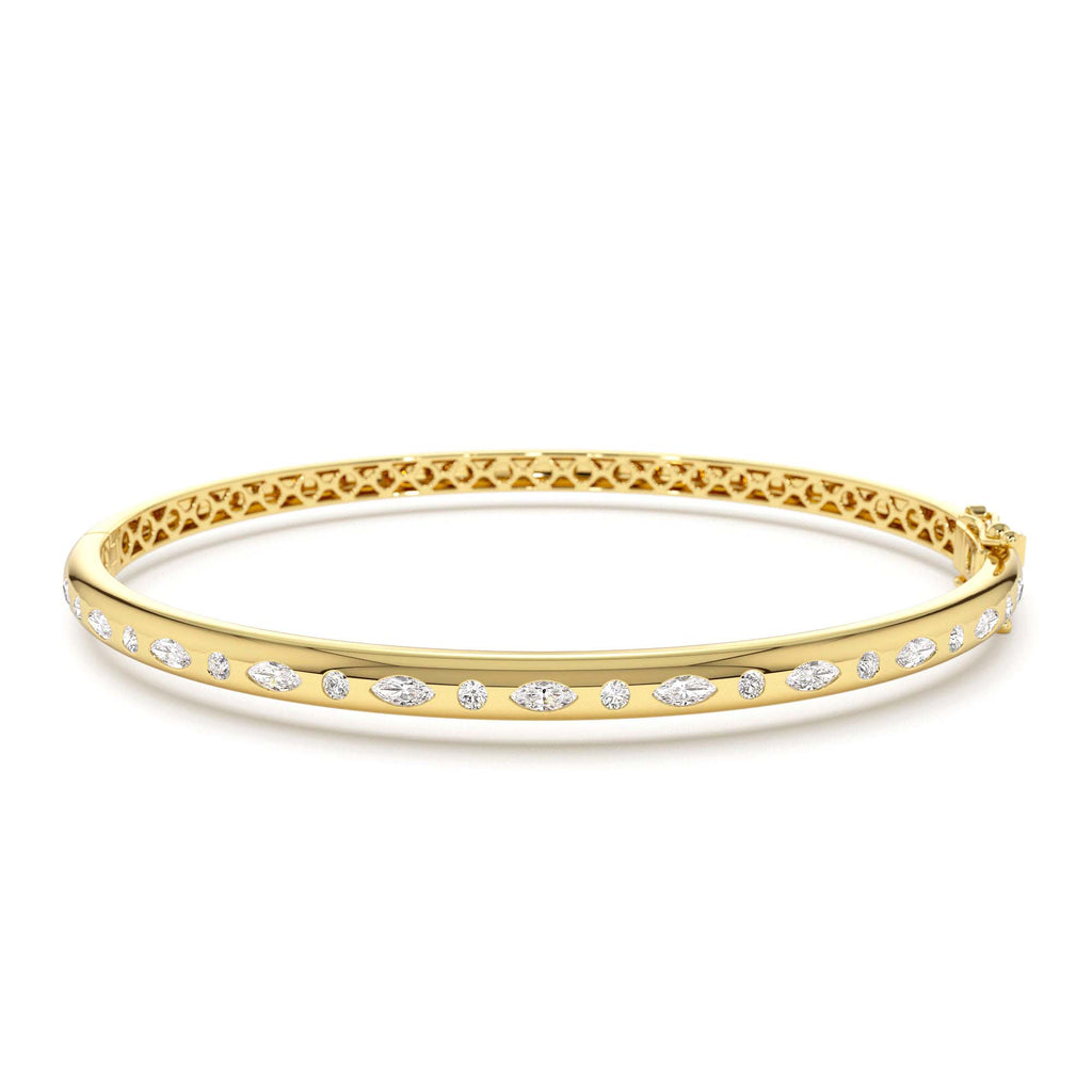 Flush Setting Marquise Shaped and Round Diamond Bangle in 14K Gold — view 1