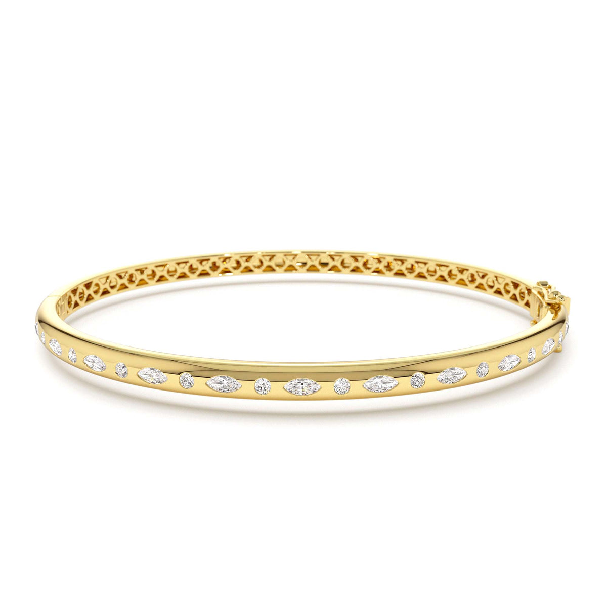 Flush Setting Marquise Shaped and Round Diamond Bangle in 14K Gold — view 1