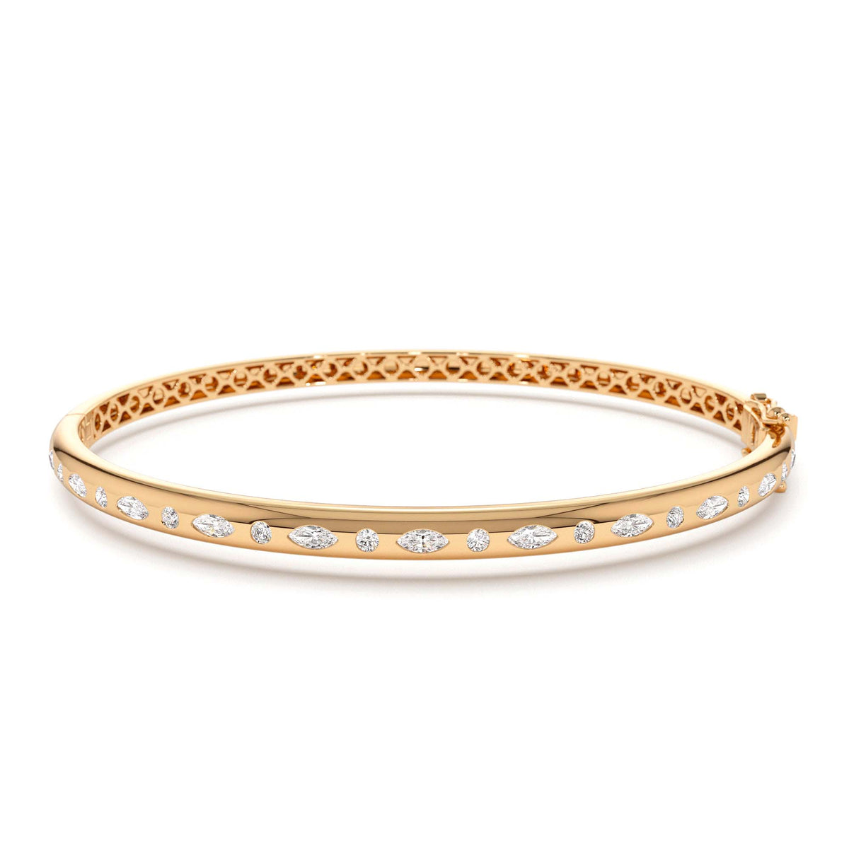 Flush Setting Marquise Shaped and Round Diamond Bangle in 14K Gold — view 5