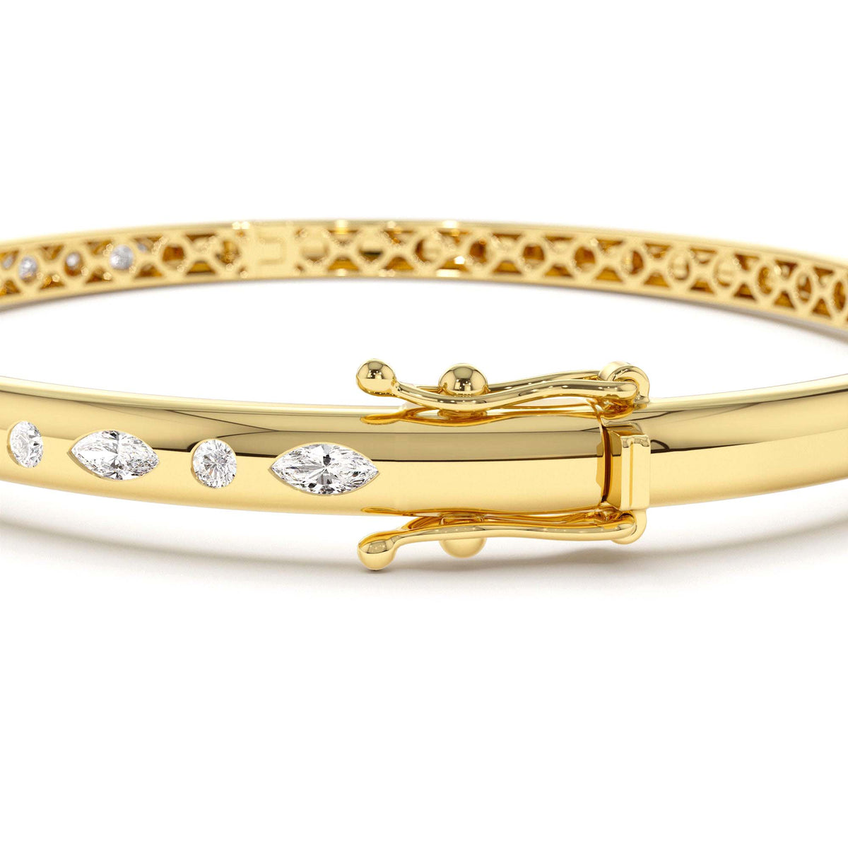 Flush Setting Marquise Shaped and Round Diamond Bangle in 14K Gold — view 3