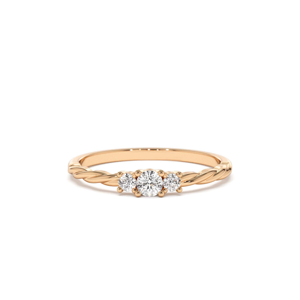 Three Stone Dainty Diamond Twisted Ring in 14K Gold — view 6