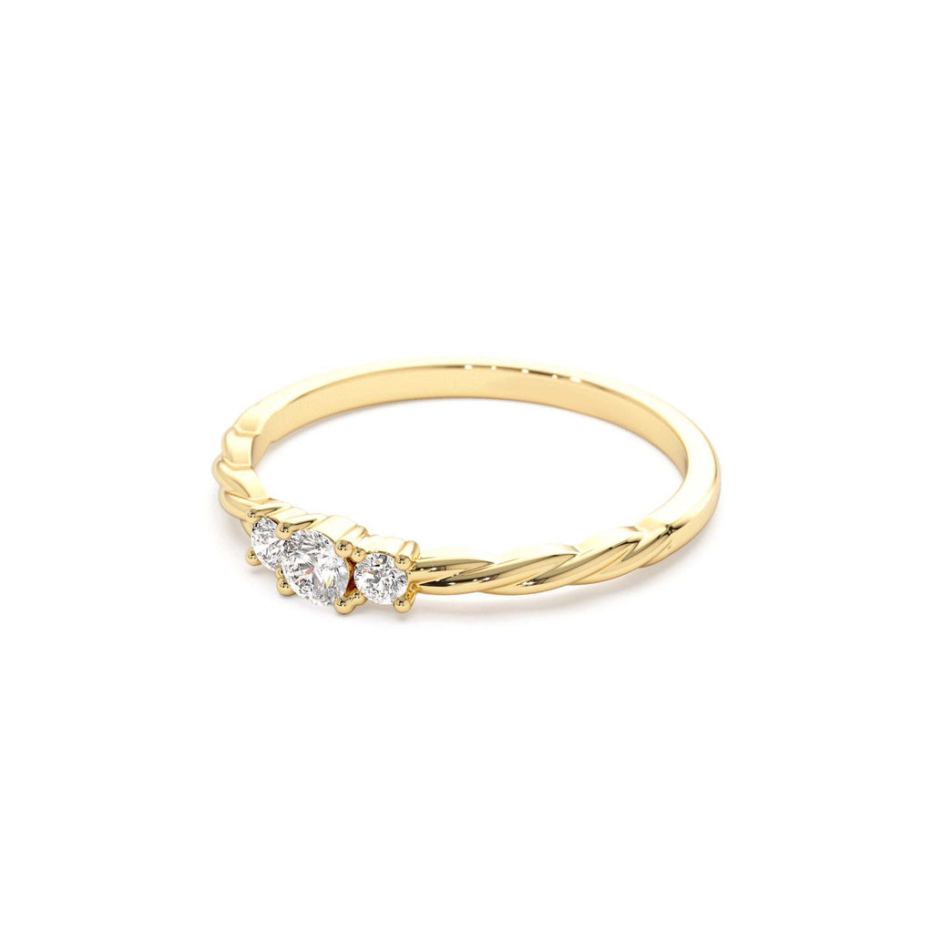 Three Stone Dainty Diamond Twisted Ring in 14K Gold — view 3