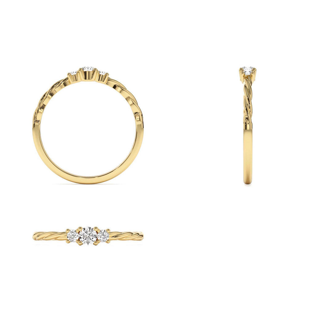 Three Stone Dainty Diamond Twisted Ring in 14K Gold — view 4