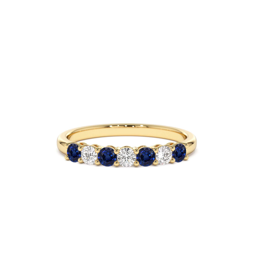 7 Stone Basket Setting Diamond and Sapphire Wedding Ring in 14K Gold — view 1