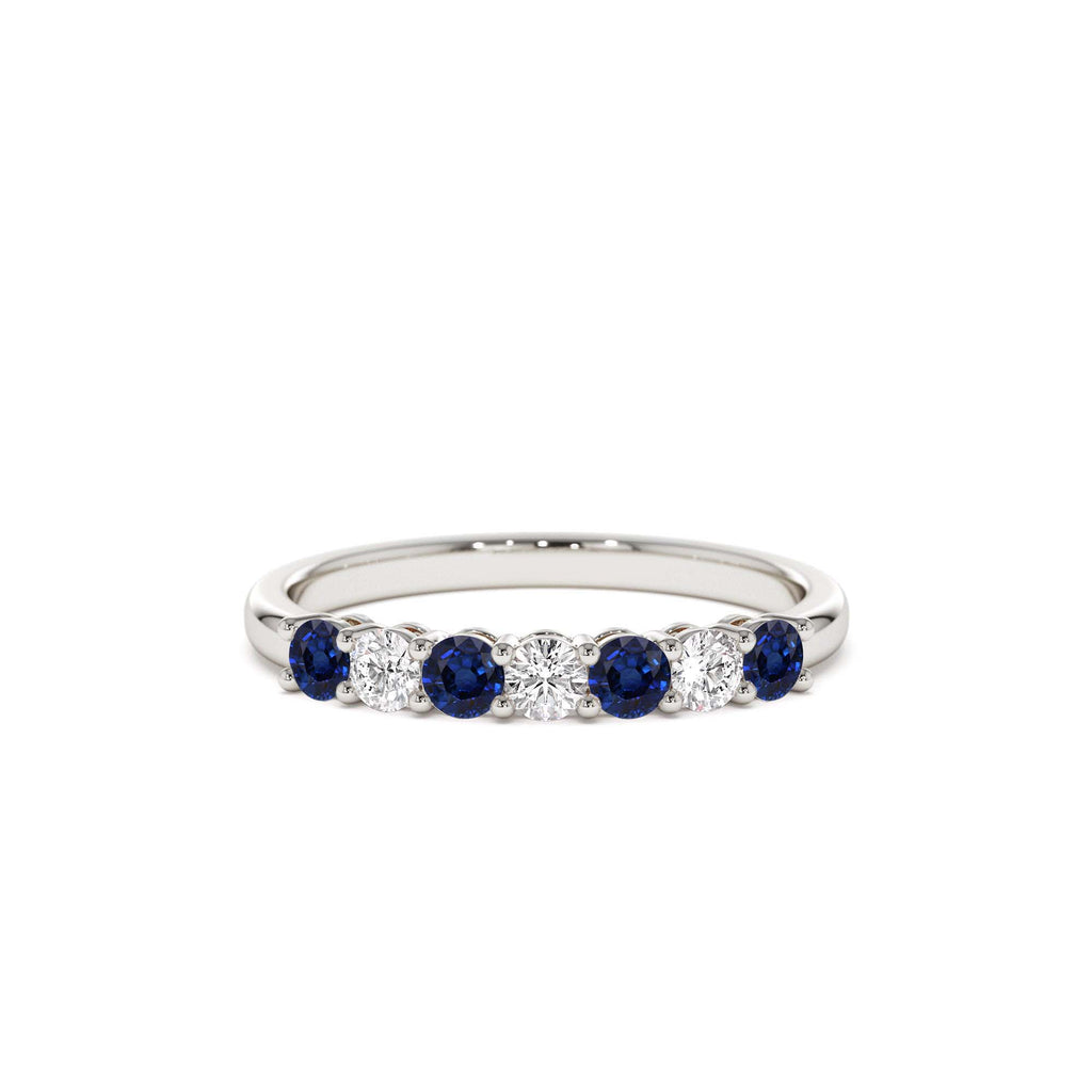 7 Stone Basket Setting Diamond and Sapphire Wedding Ring in 14K Gold — view 3