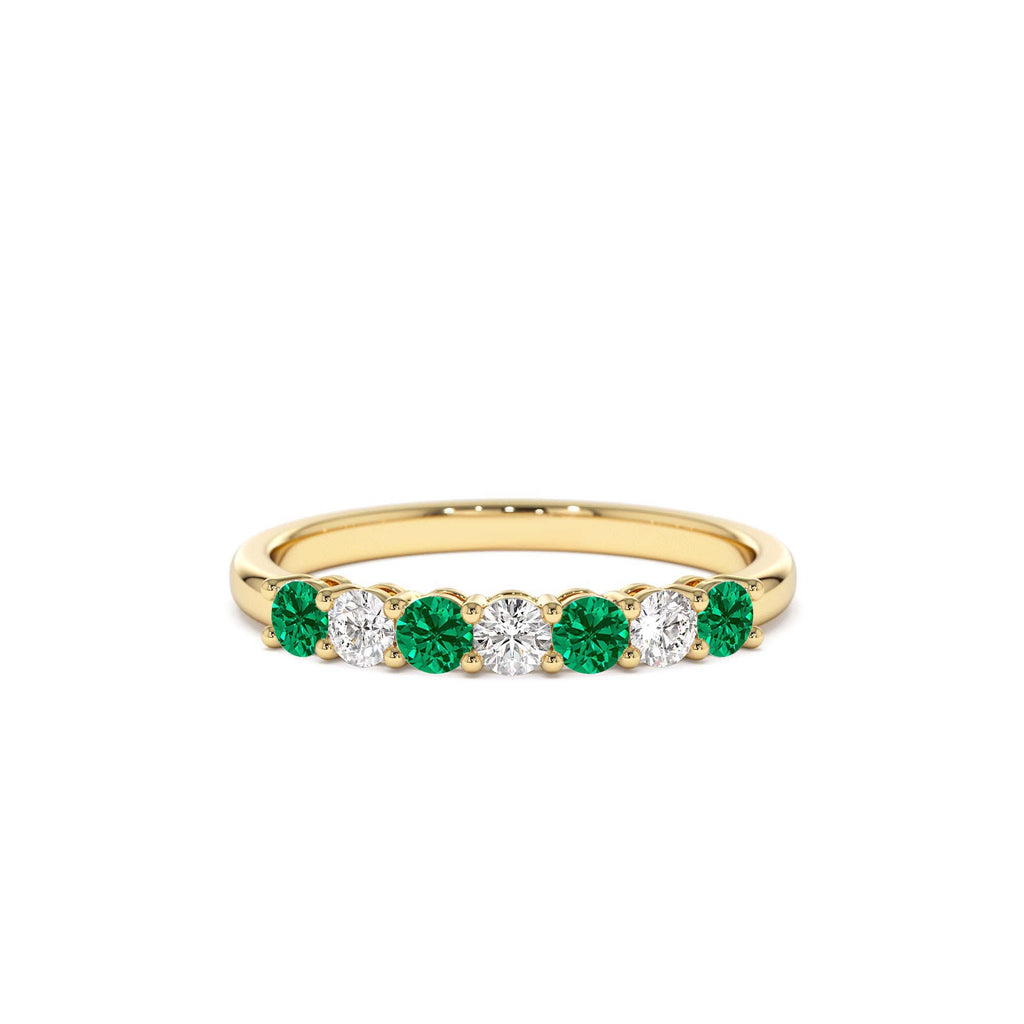 7 Stone Basket Setting Diamond and Emerlad Wedding Ring in 14K Gold — view 1