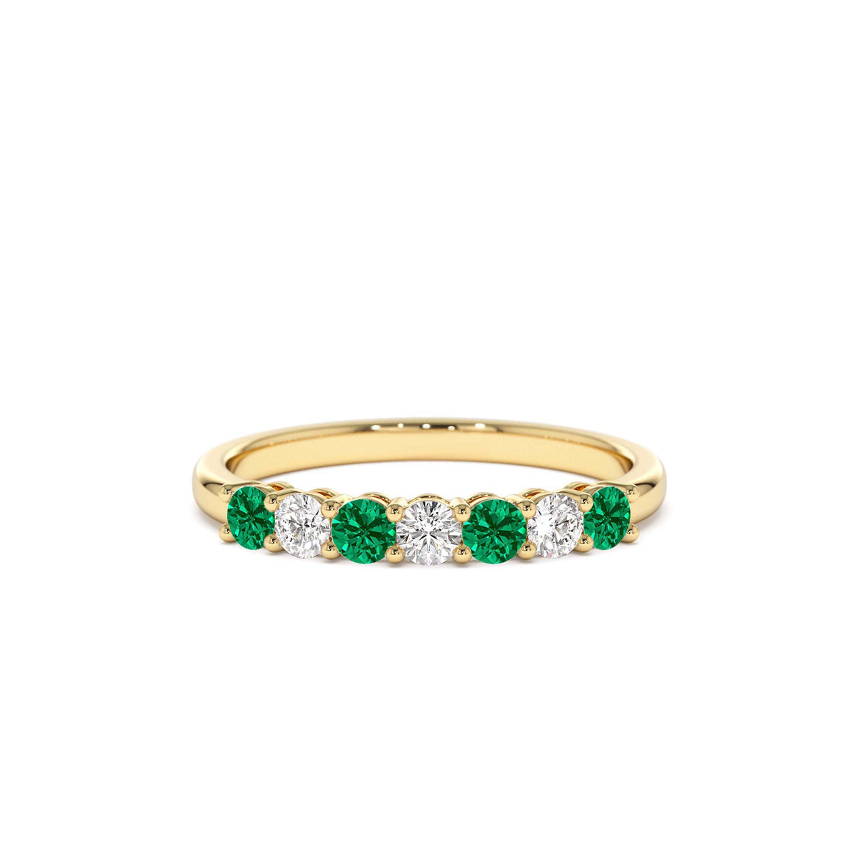 7 Stone Basket Setting Diamond and Emerlad Wedding Ring in 14K Gold — view 1