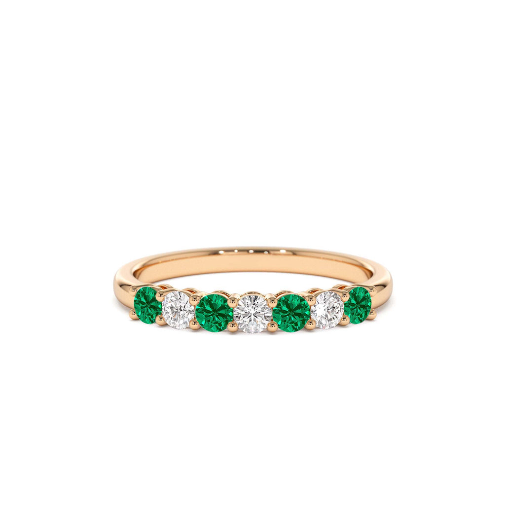 7 Stone Basket Setting Diamond and Emerlad Wedding Ring in 14K Gold — view 4
