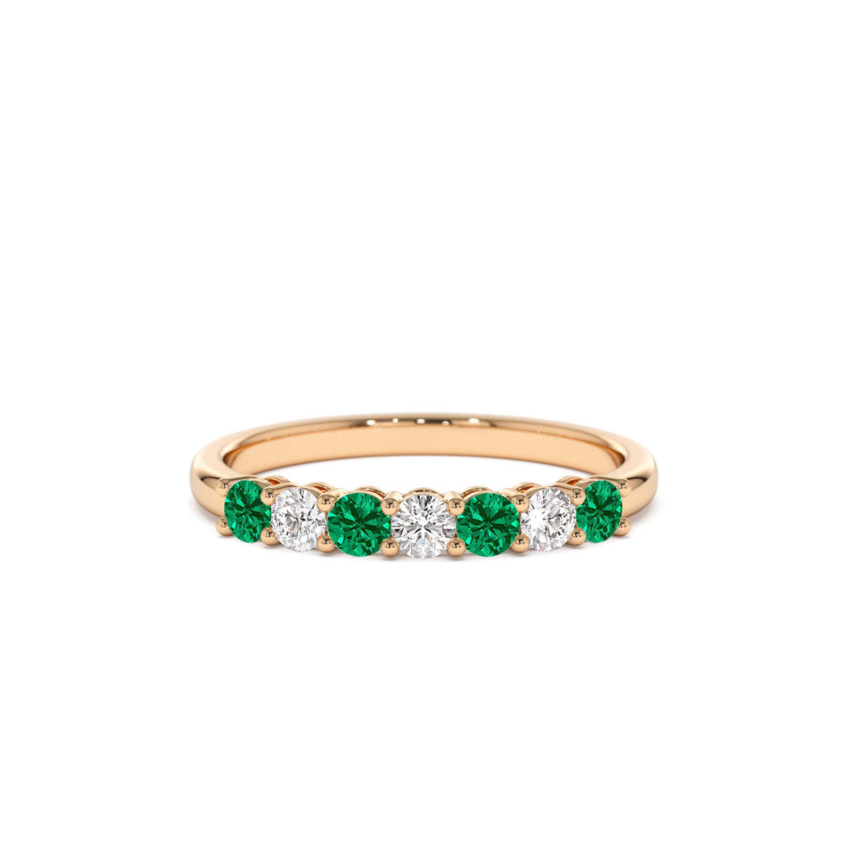 7 Stone Basket Setting Diamond and Emerlad Wedding Ring in 14K Gold — view 4
