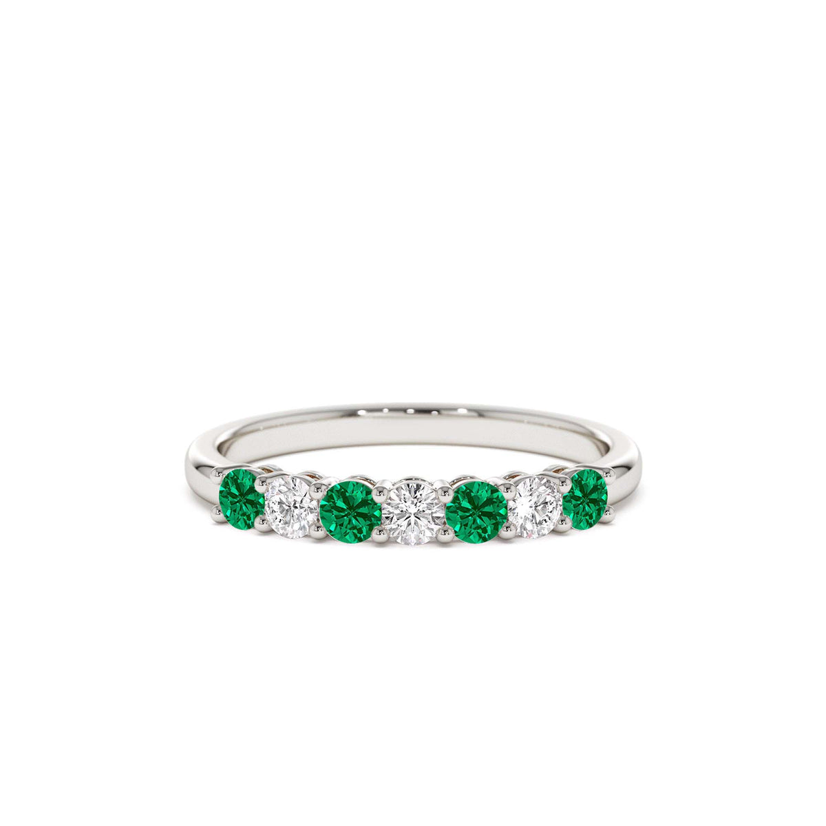 7 Stone Basket Setting Diamond and Emerlad Wedding Ring in 14K Gold — view 3