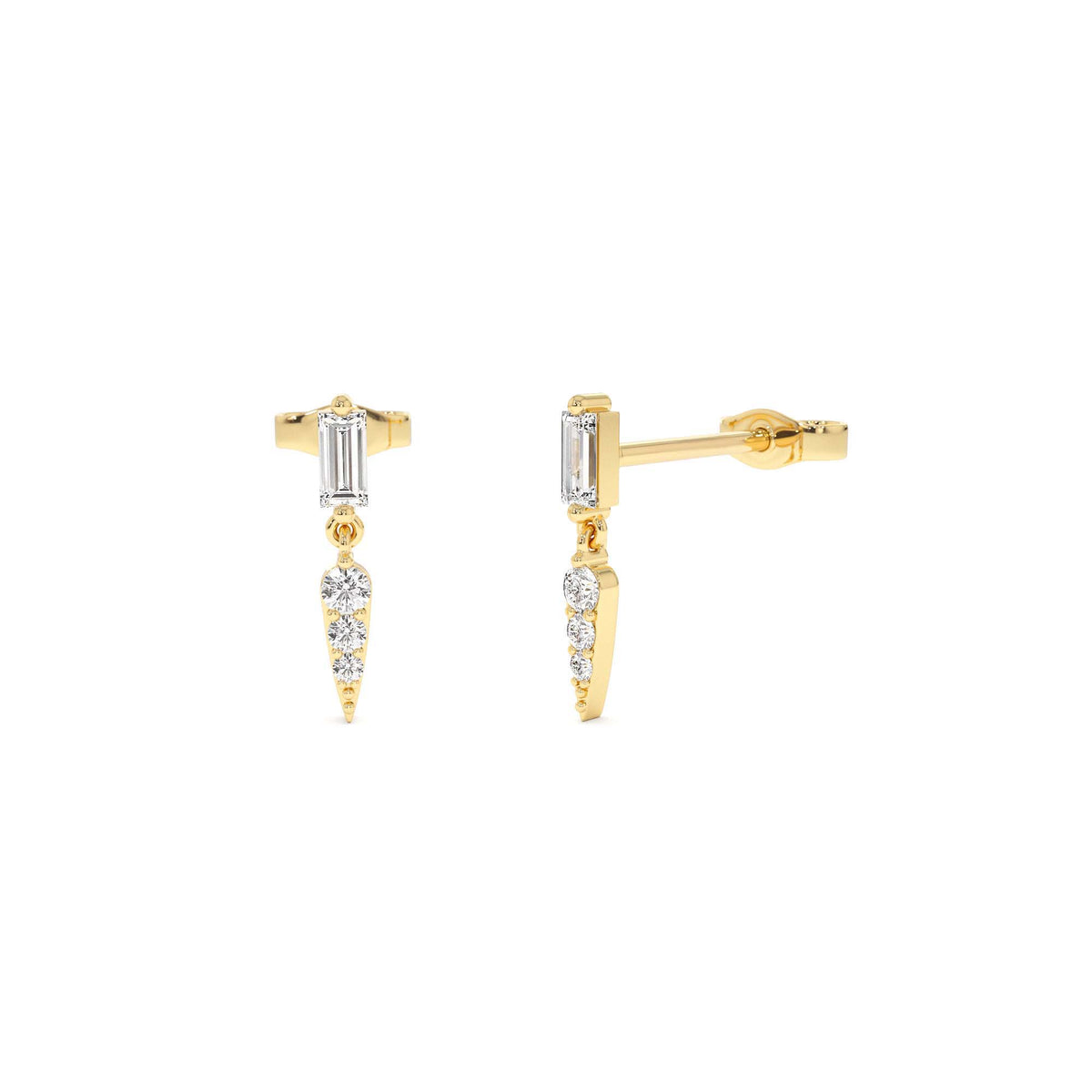 Baguette & Round Diamond Dangle Spike Earrings in 14K Gold — view 1