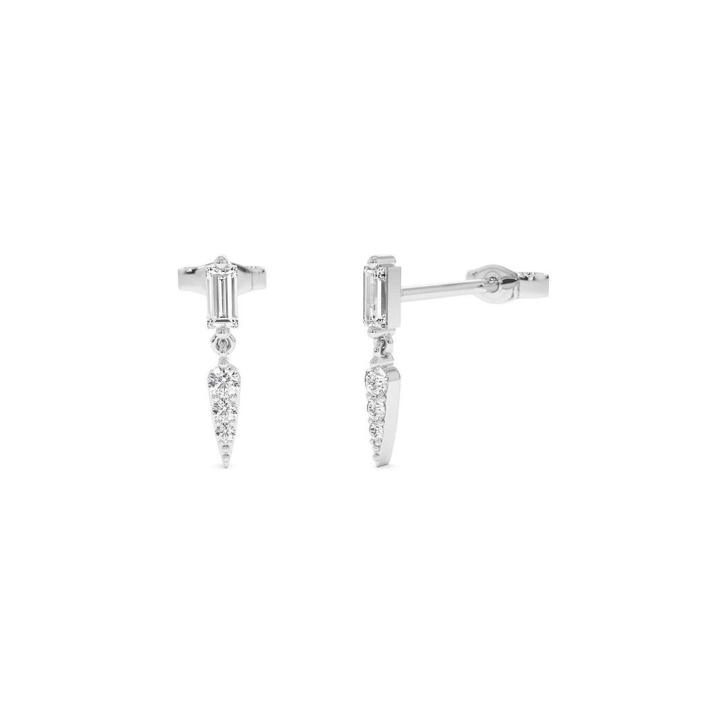 Baguette & Round Diamond Dangle Spike Earrings in 14K Gold — view 3