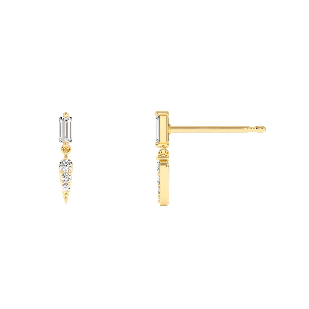 Baguette & Round Diamond Dangle Spike Earrings in 14K Gold — view 2