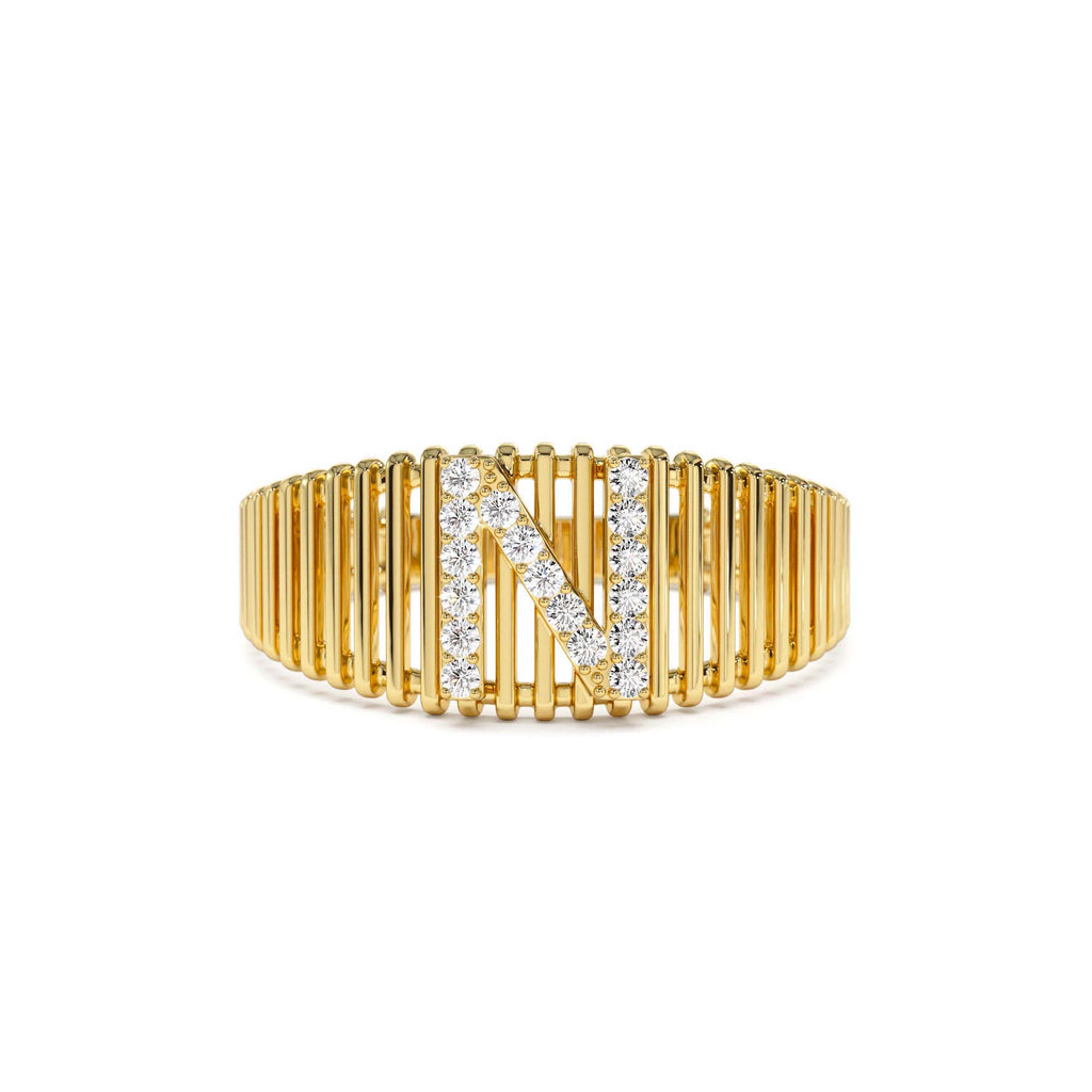 Ribed Cage Diamond Initial Ring in 14K Gold — view 1