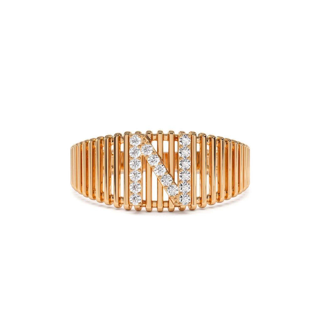 Ribed Cage Diamond Initial Ring in 14K Gold — view 5