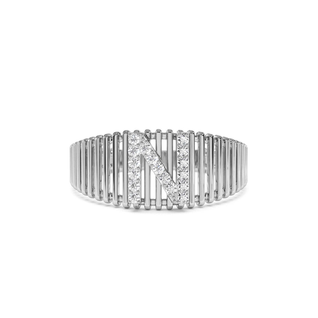 Ribed Cage Diamond Initial Ring in 14K Gold — view 4