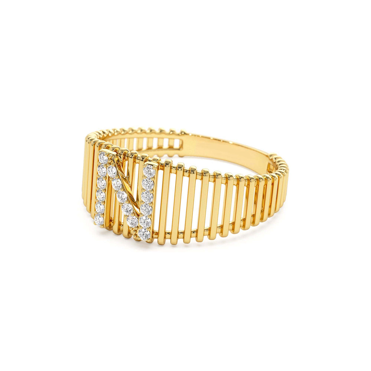 Ribed Cage Diamond Initial Ring in 14K Gold — view 2