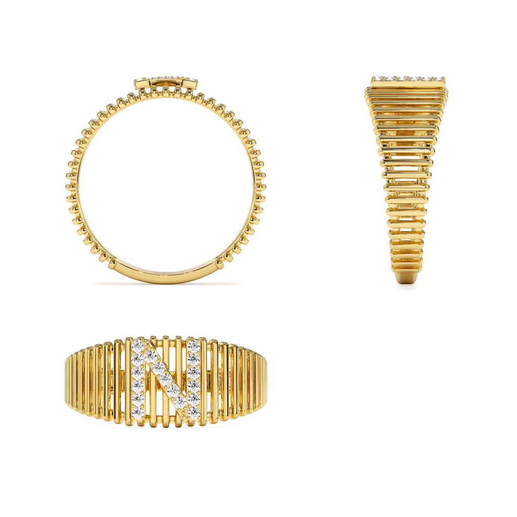 Ribed Cage Diamond Initial Ring in 14K Gold — view 3