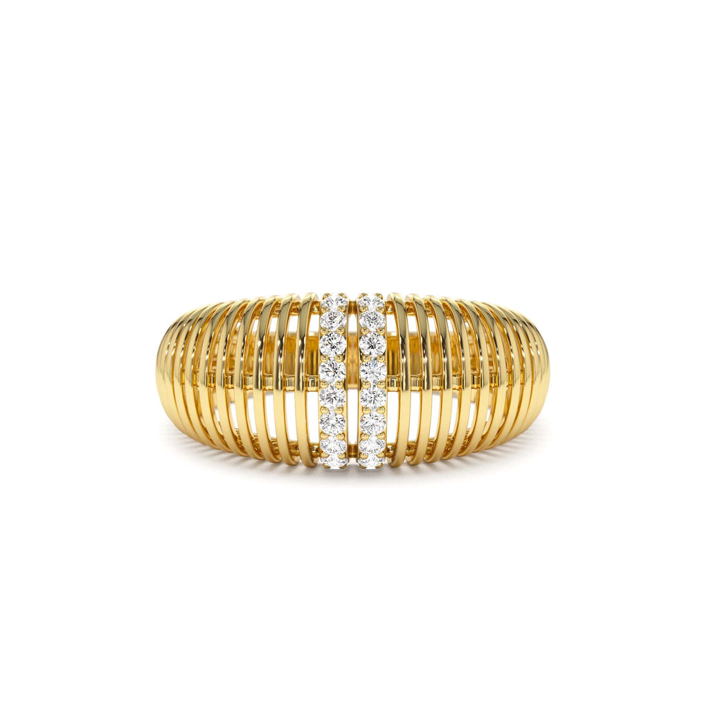 Diamond-Encrusted Ribbed Dome Statement Ring in 14K Gold — view 1