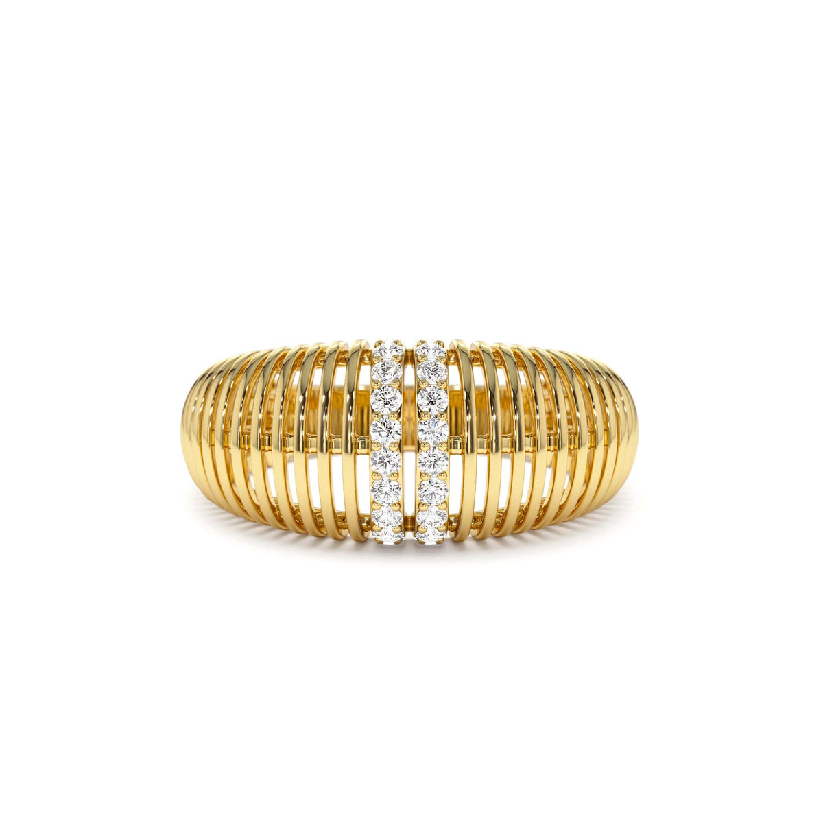 Diamond-Encrusted Ribbed Dome Statement Ring in 14K Gold — view 1