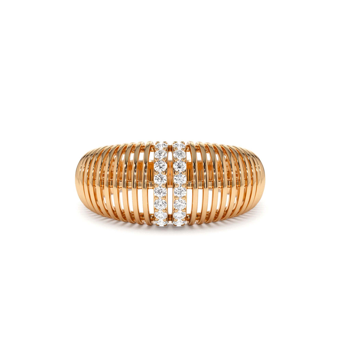 Diamond-Encrusted Ribbed Dome Statement Ring in 14K Gold — view 5