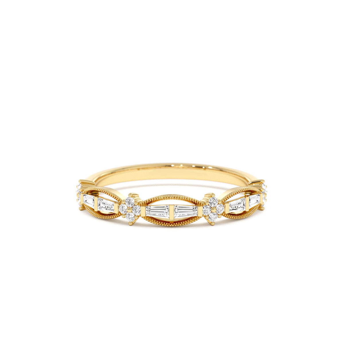Vintage Inspired Baguette Diamond Wedding RIng in 14K Gold — view 1