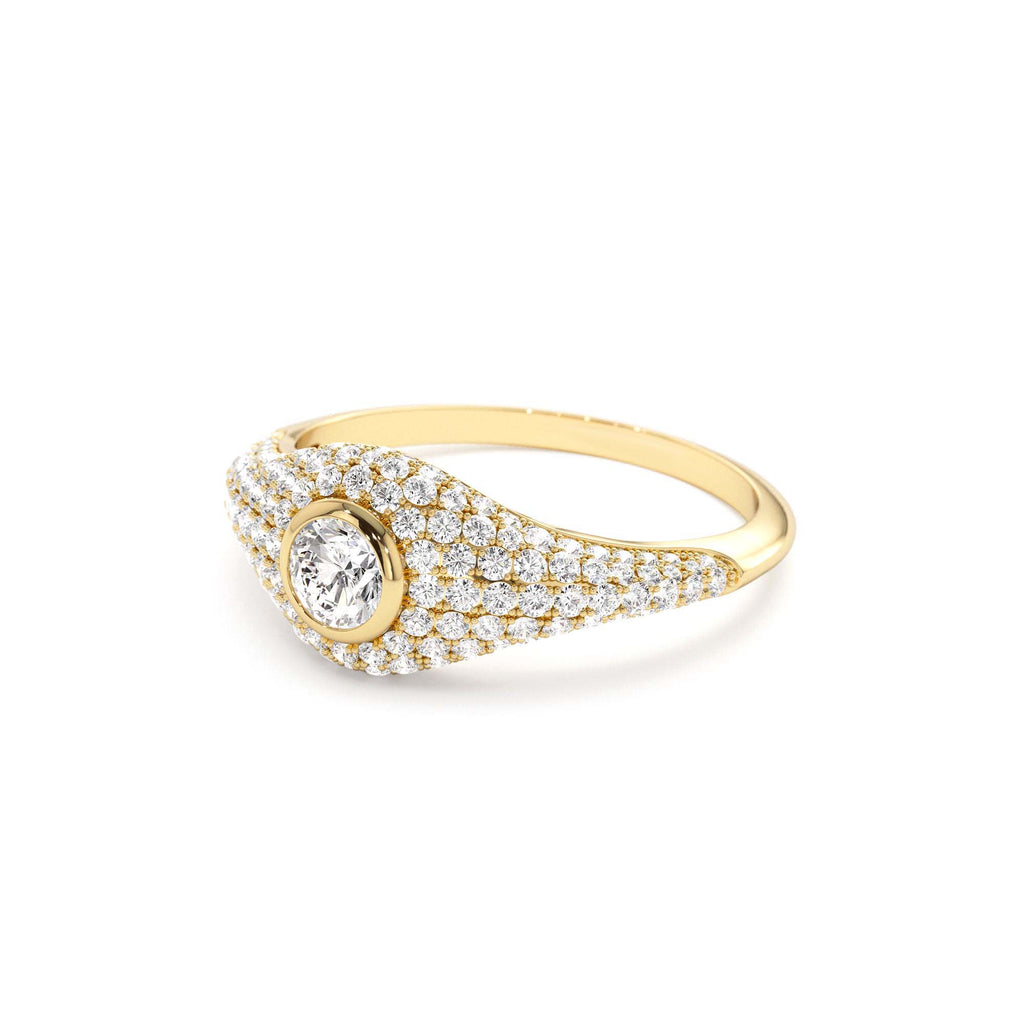 Pave Setting Round Diamond Signet Ring in 14K Gold — view 2