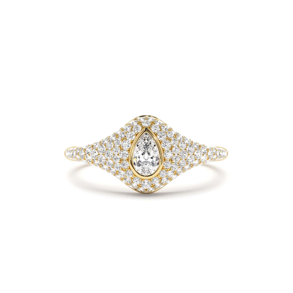 Pave Setting Pear Shaped Diamond Signet Ring in 14K Gold — view 1
