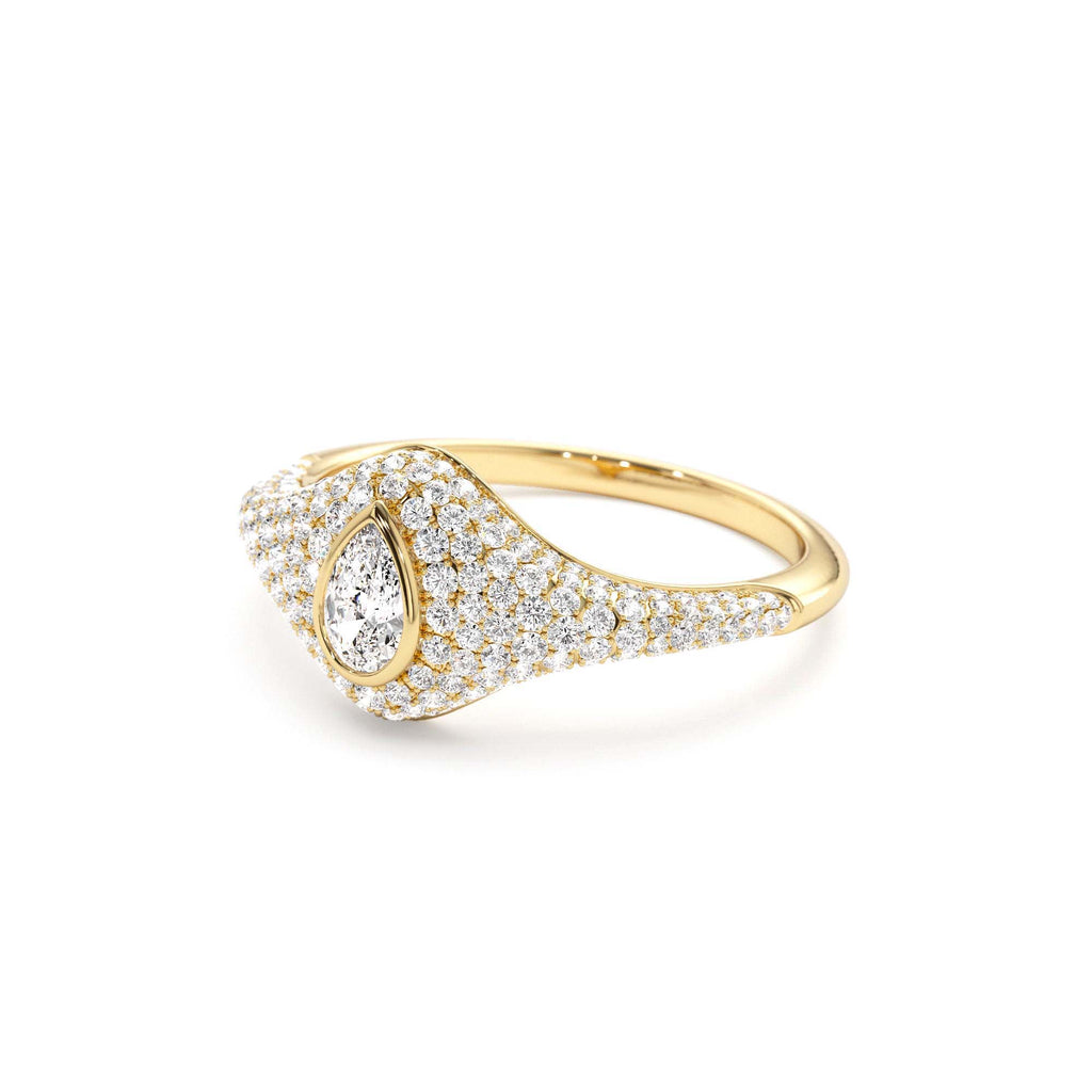 Pave Setting Pear Shaped Diamond Signet Ring in 14K Gold — view 2