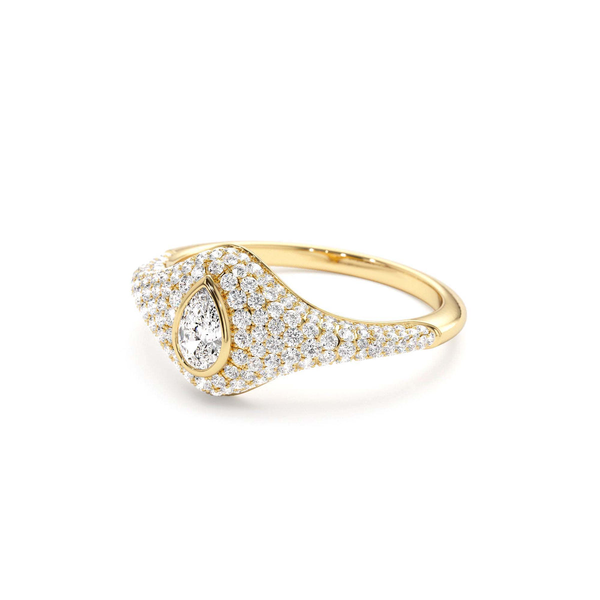 Pave Setting Pear Shaped Diamond Signet Ring in 14K Gold — view 2