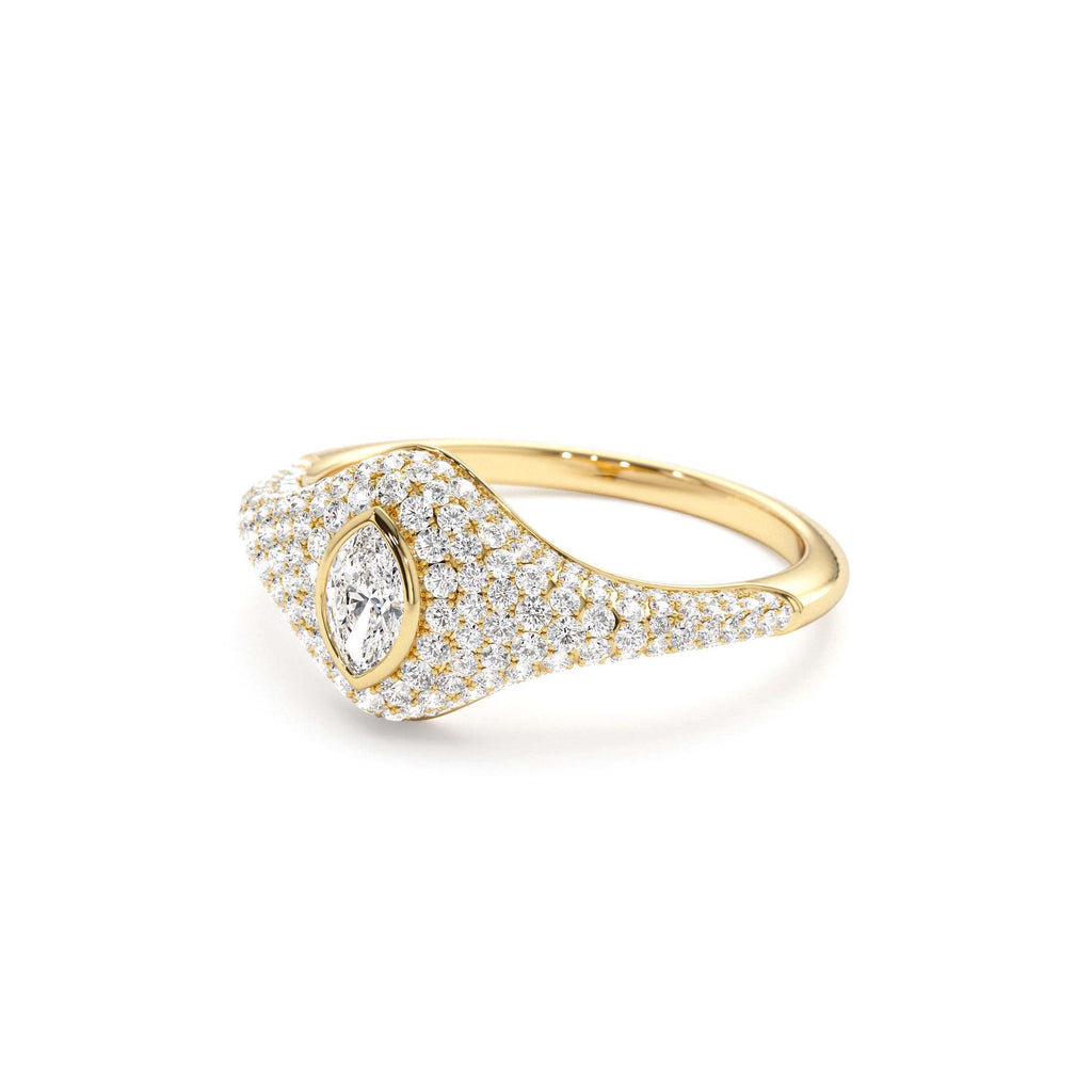 Pave Setting Marquise Shaped Diamond Signet Ring in 14K Gold — view 2