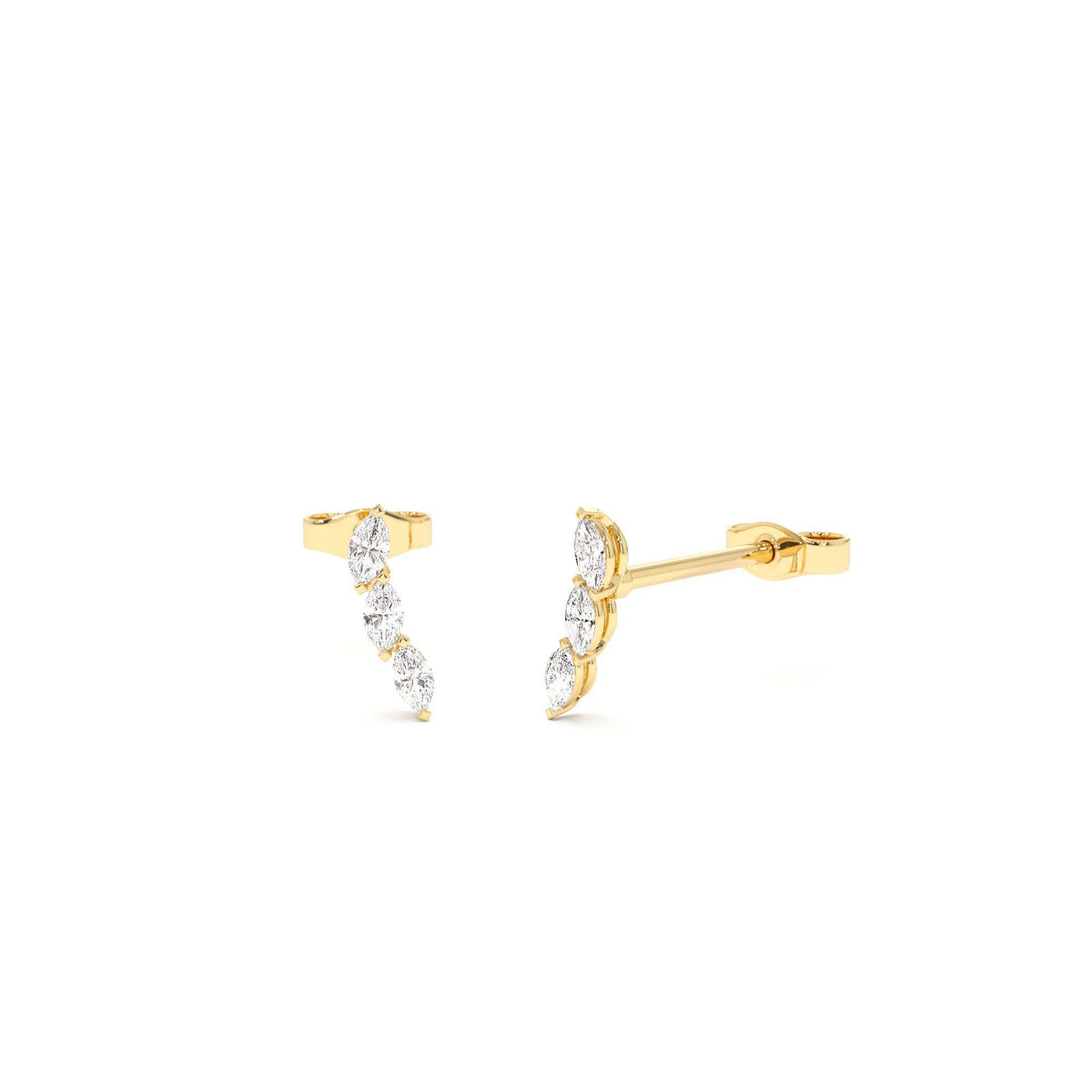 Three Stone Marquise Shaped Diamond Studs in 14K Gold — view 1