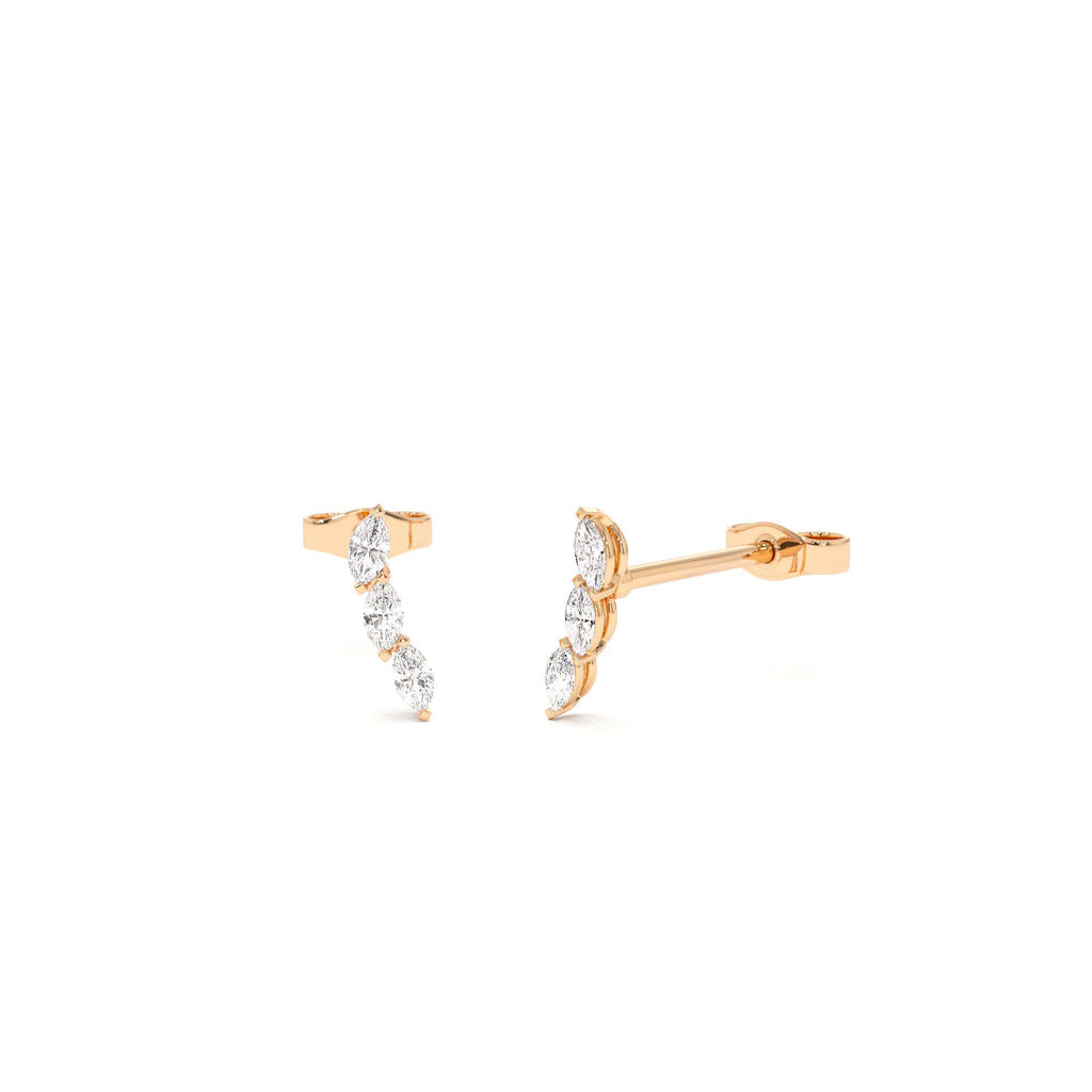 Three Stone Marquise Shaped Diamond Studs in 14K Gold — view 4