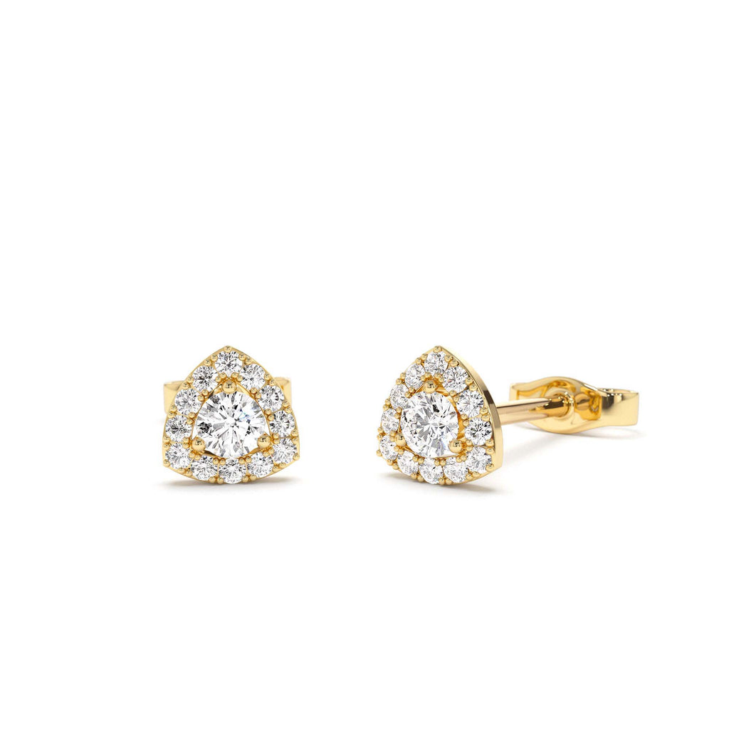 Triangle Halo Setting Diamond Studs in 14K Gold — view 1