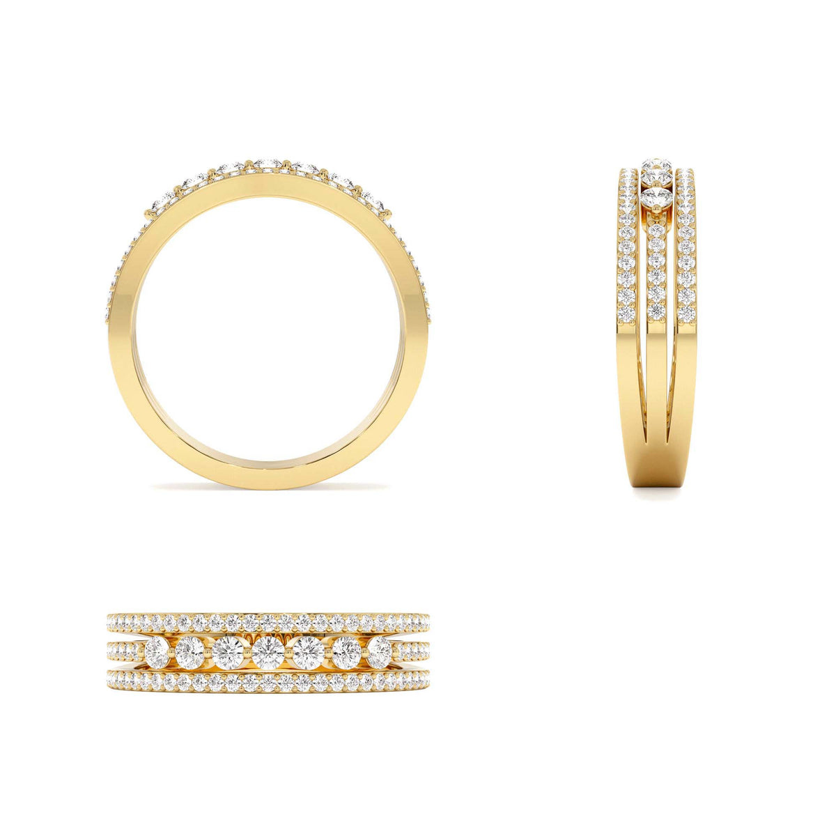 Triple Row Diamond Stacking Wedding Ring in 14K Gold — view 3