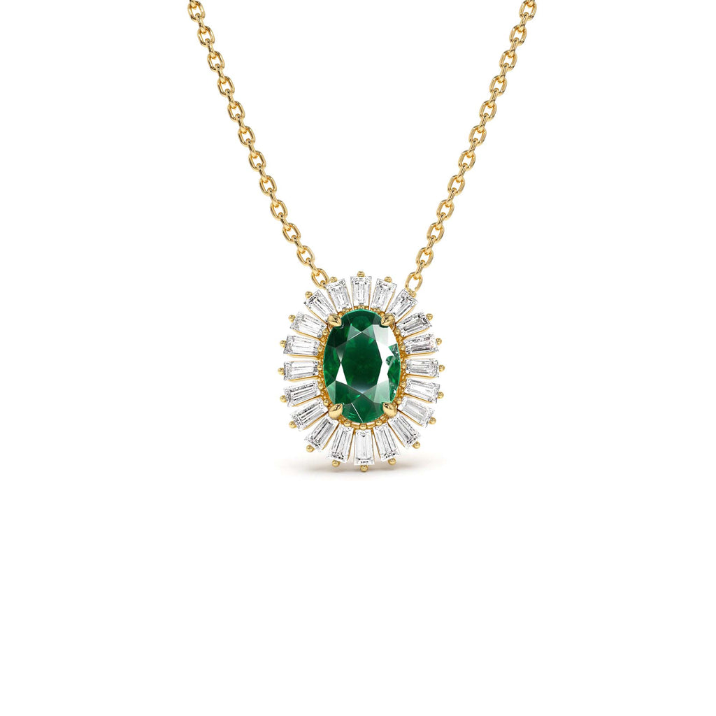 Oval Shape Emerald with Baguette Halo Setting Necklace in 14K Gold — view 1