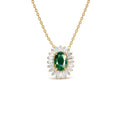 Oval Shape Emerald with Baguette Halo Setting Necklace in 14K Gold — view 1