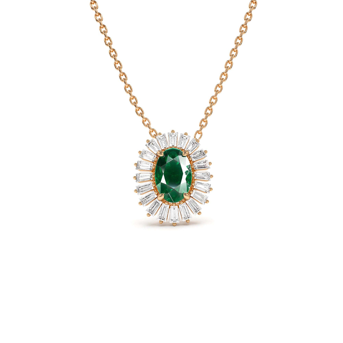 Oval Shape Emerald with Baguette Halo Setting Necklace in 14K Gold — view 3