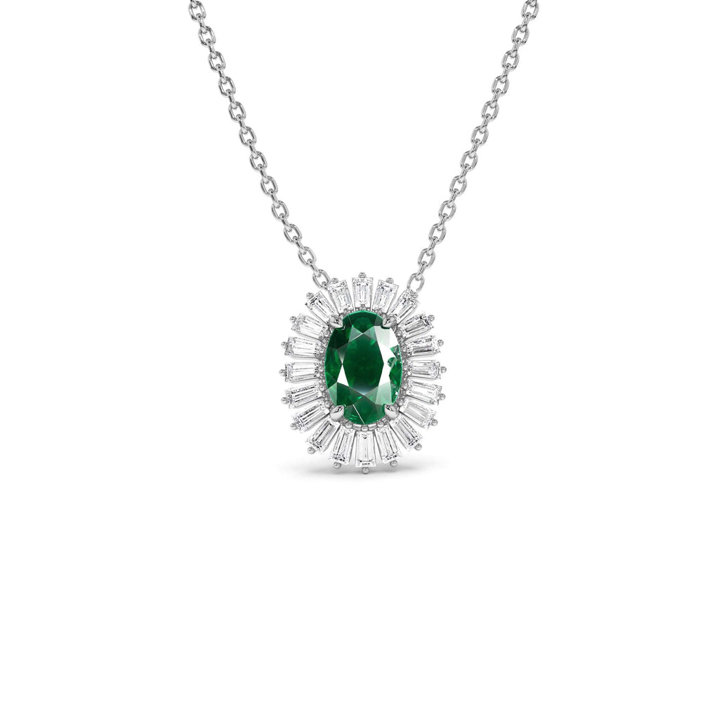 Oval Shape Emerald with Baguette Halo Setting Necklace in 14K Gold — view 2