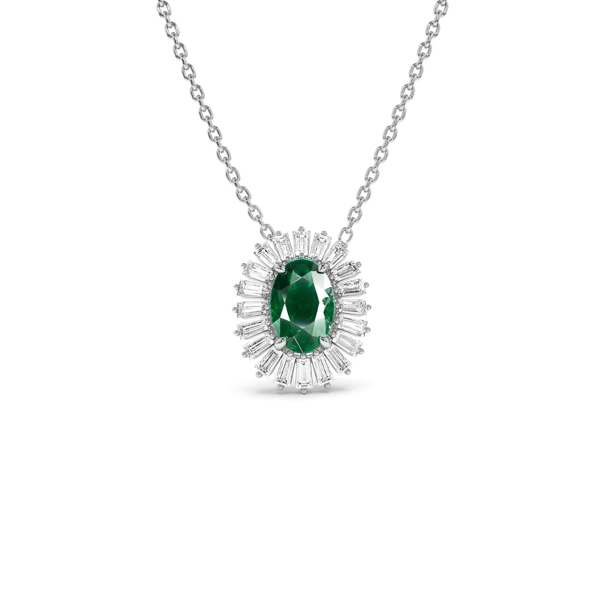 Oval Shape Emerald with Baguette Halo Setting Necklace in 14K Gold — view 2