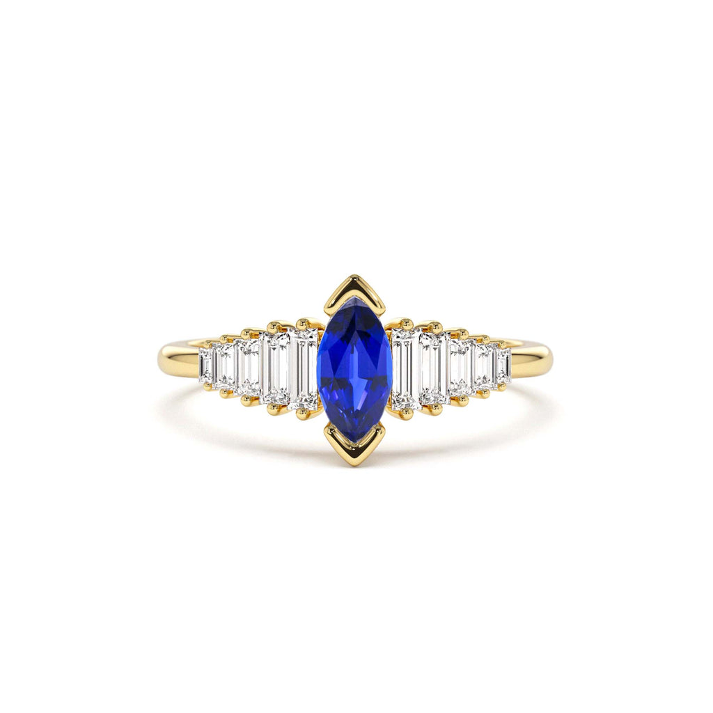 Marquise Shape Sapphire Ring with Baguette Accents in 14K Gold — view 1