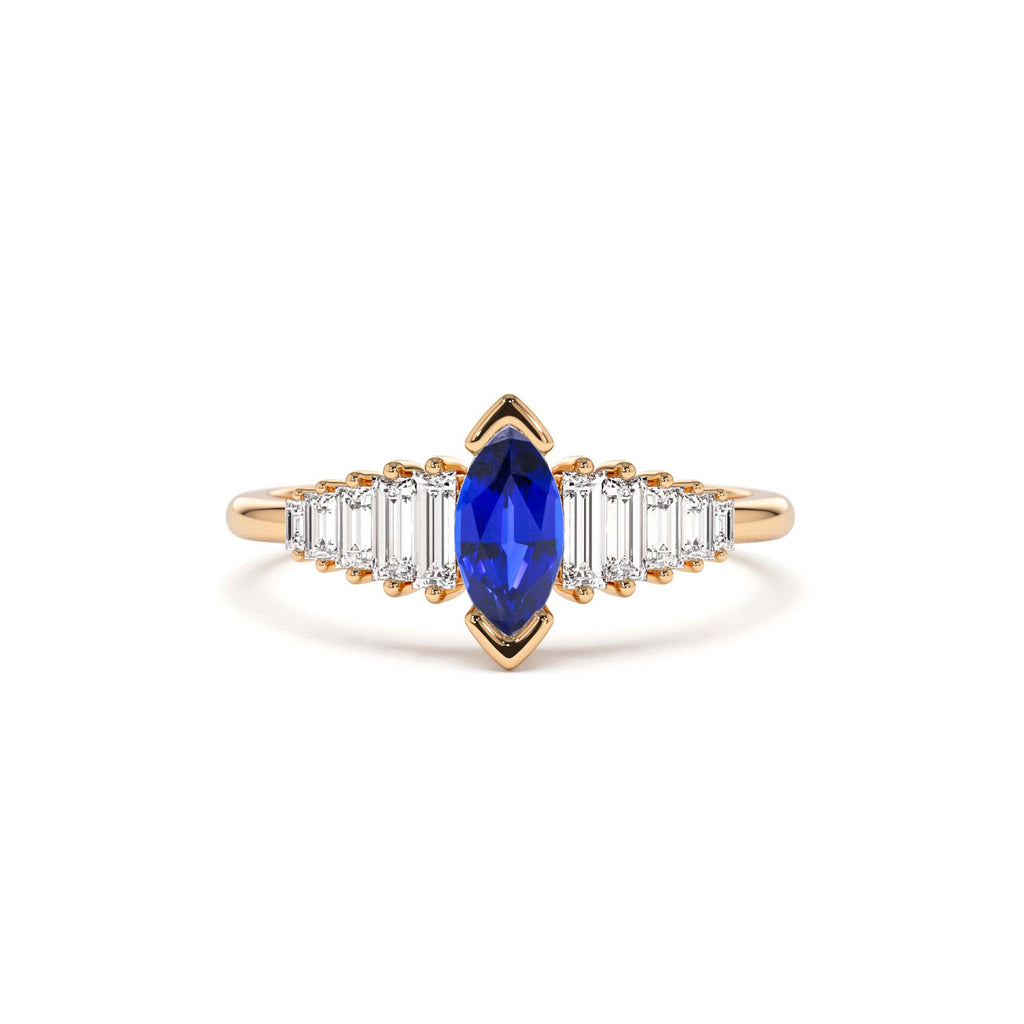 Marquise Shape Sapphire Ring with Baguette Accents in 14K Gold — view 5