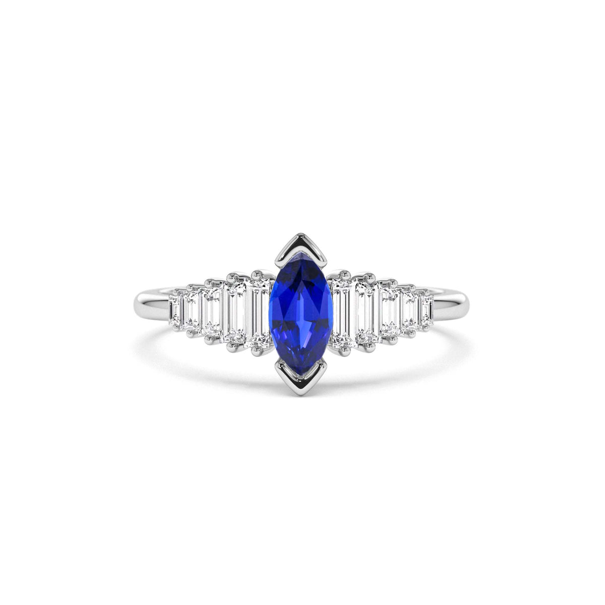 Marquise Shape Sapphire Ring with Baguette Accents in 14K Gold — view 4
