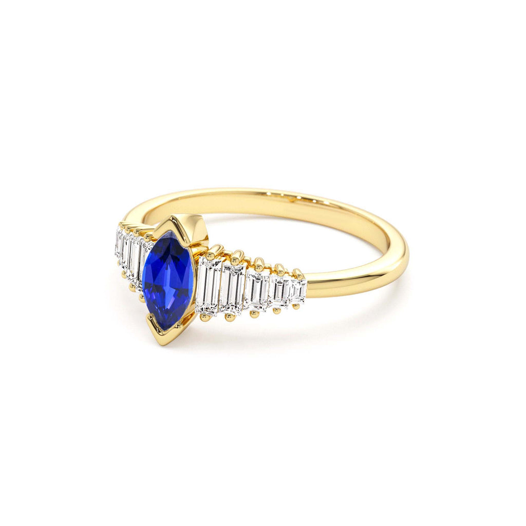 Marquise Shape Sapphire Ring with Baguette Accents in 14K Gold — view 2